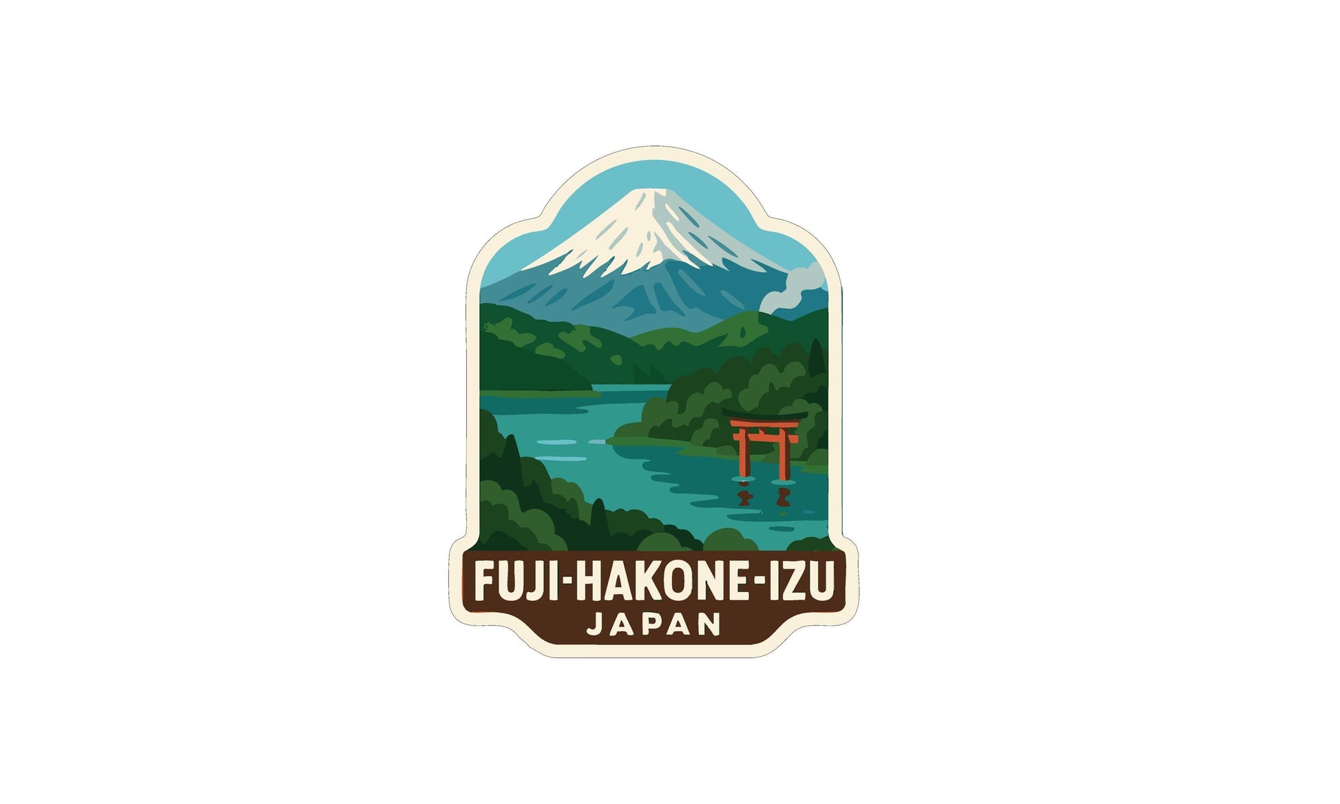 a sticker or emblem depicting a scenic landscape with a mountain, a river, and a red torii gate, with the text "FUJI-HAKONE-IZU JAPAN" below it.