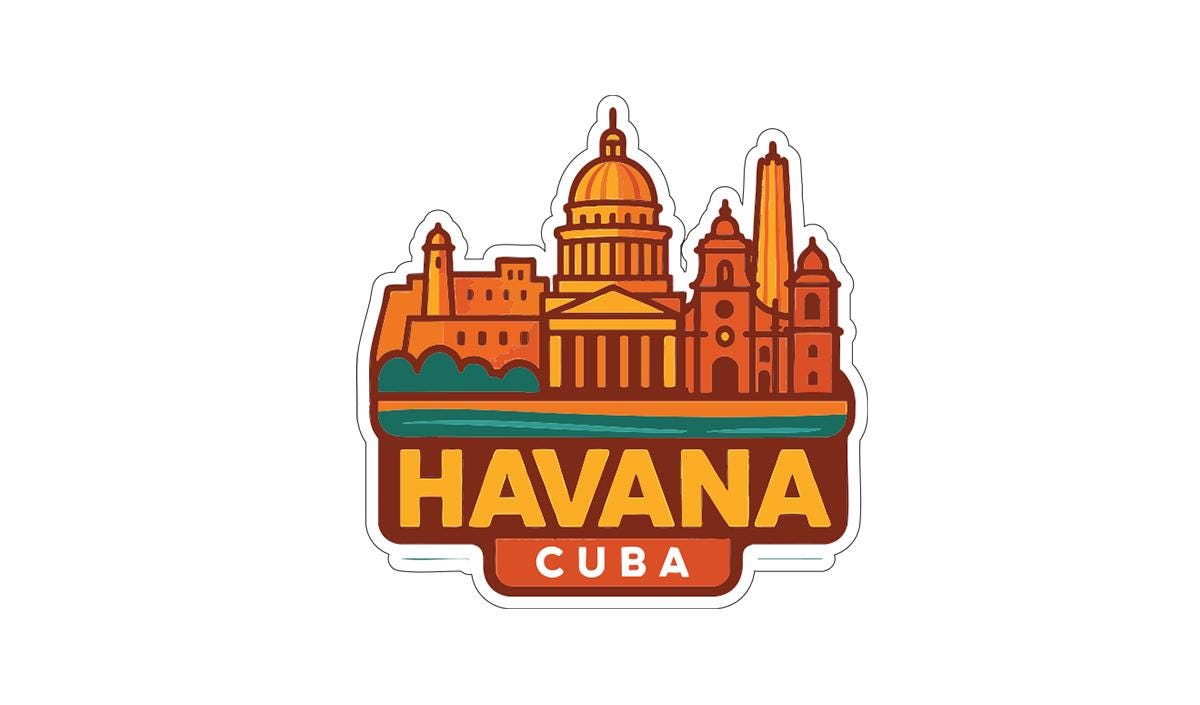 A stylized illustration of the Havana skyline, with the text "HAVANA CUBA" prominently displayed.