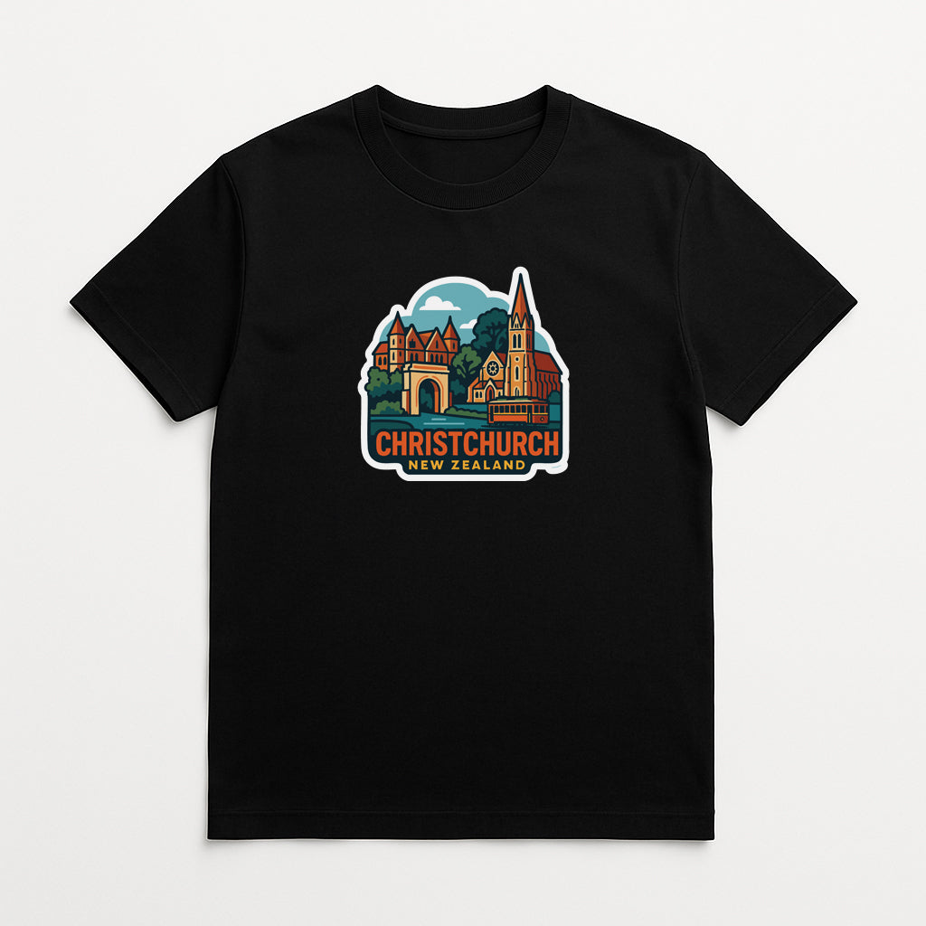 A black t-shirt with a colorful graphic depicting a church and surrounding landscape, along with the text "CHRISTCHURCH NEW ZEALAND".