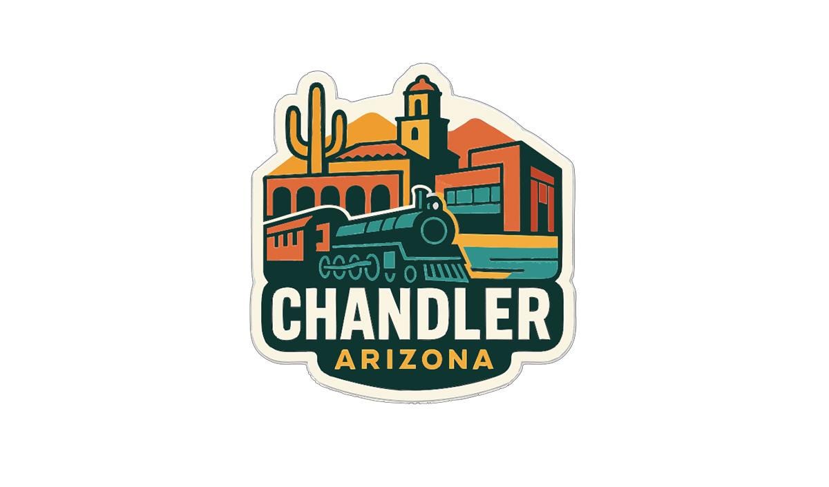 a colorful and stylized logo for Chandler Arizona, with various elements such as a train, buildings, and a cactus.