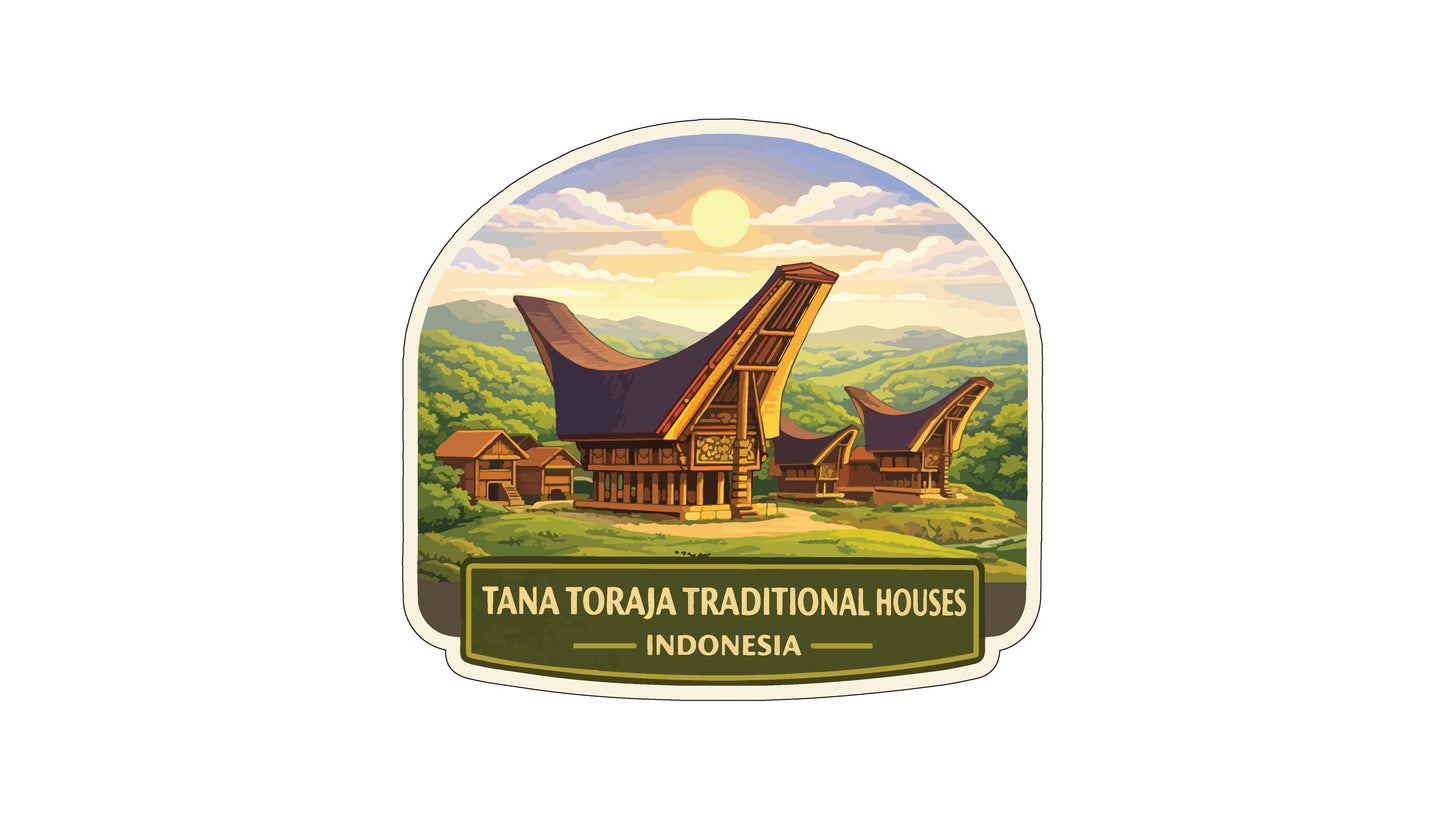 a traditional Indonesian house with a curved roof, set against a backdrop of a mountainous landscape with a bright sun in the sky.