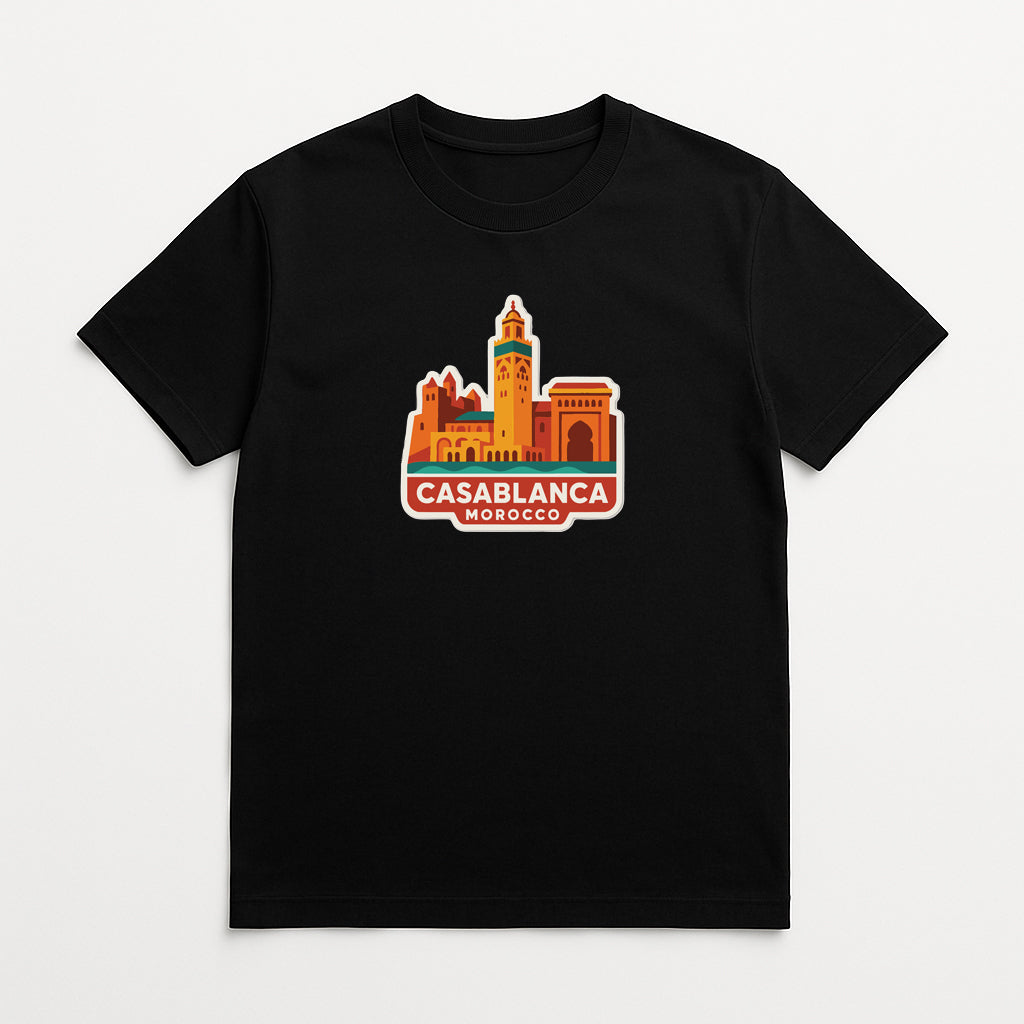 A black t-shirt with a graphic design depicting the Casablanca skyline in Morocco.