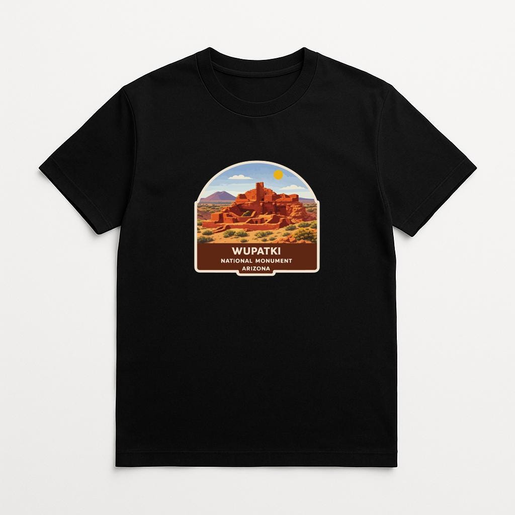 A black t-shirt with a graphic design depicting a desert landscape with a large rock formation in the center, surrounded by a desert scene with mountains in the background.