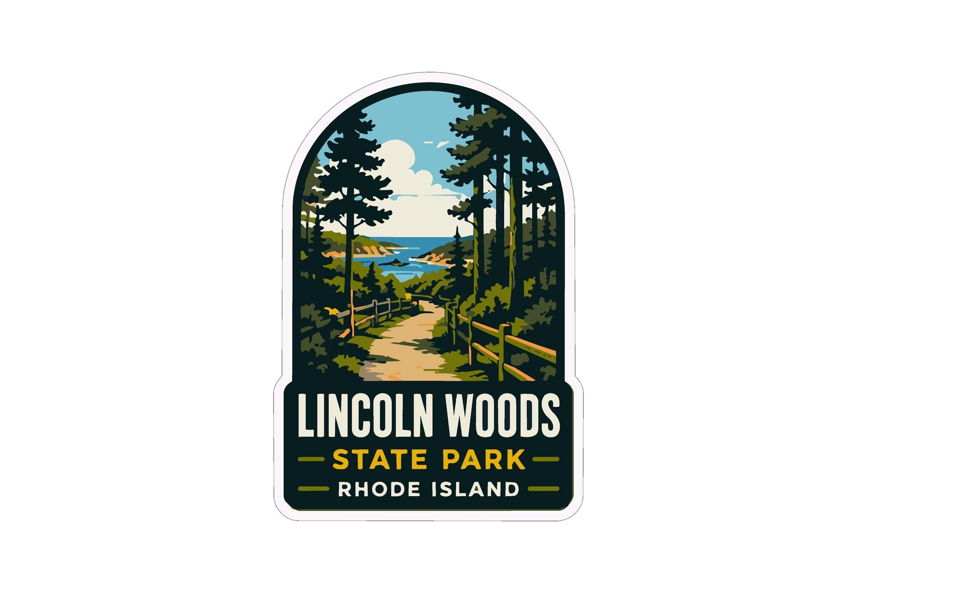 A sticker depicting a scenic trail in a wooded area with a body of water in the background, surrounded by trees and a blue sky.