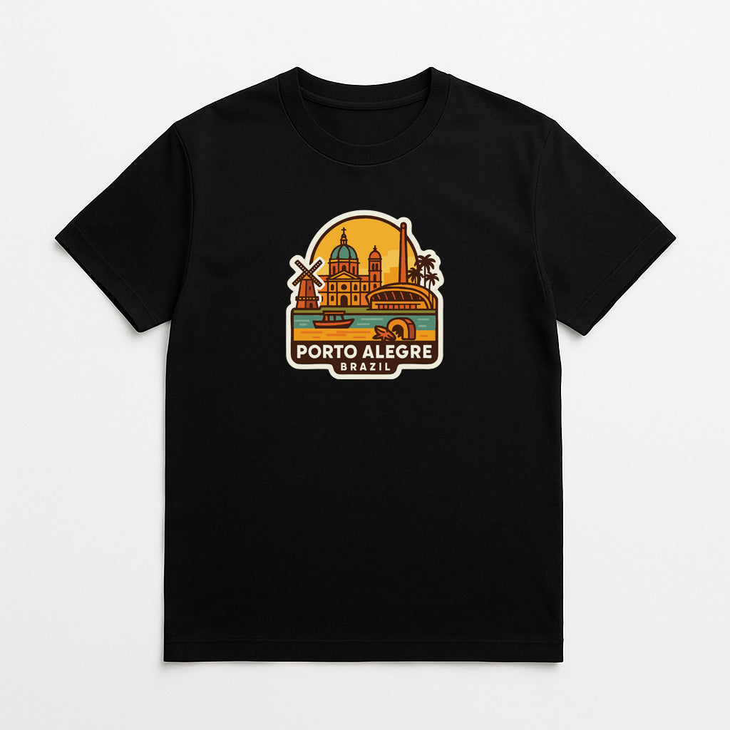 A black t-shirt with a graphic design depicting a city skyline and the text "PORTO ALEGRE BRAZIL" printed on it.