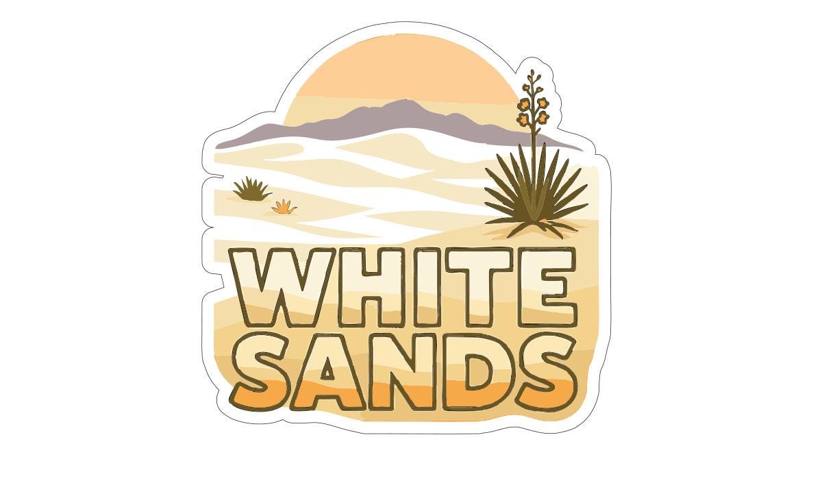 A sticker or label with the text "WHITE SAND" and an illustration of a desert landscape with a cactus plant and a sunset in the background.