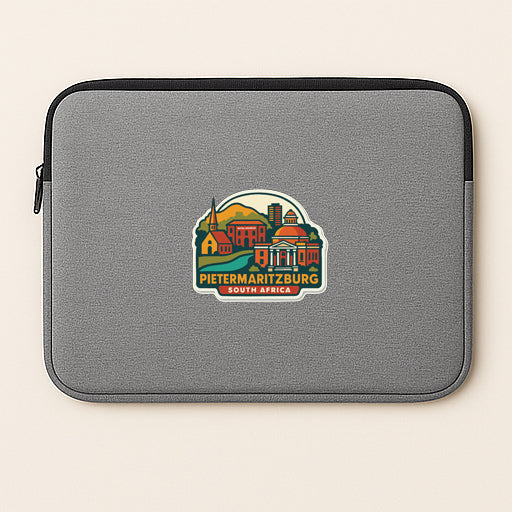 A gray laptop sleeve with a colorful sticker depicting the town of Pietermartzburg, South Africa.