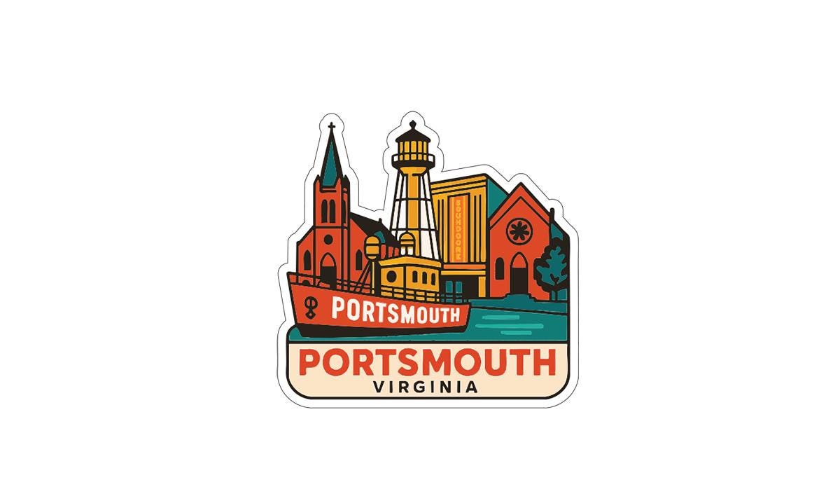 A colorful sticker depicting the town of Portsmouth, Virginia, with various landmarks and buildings.