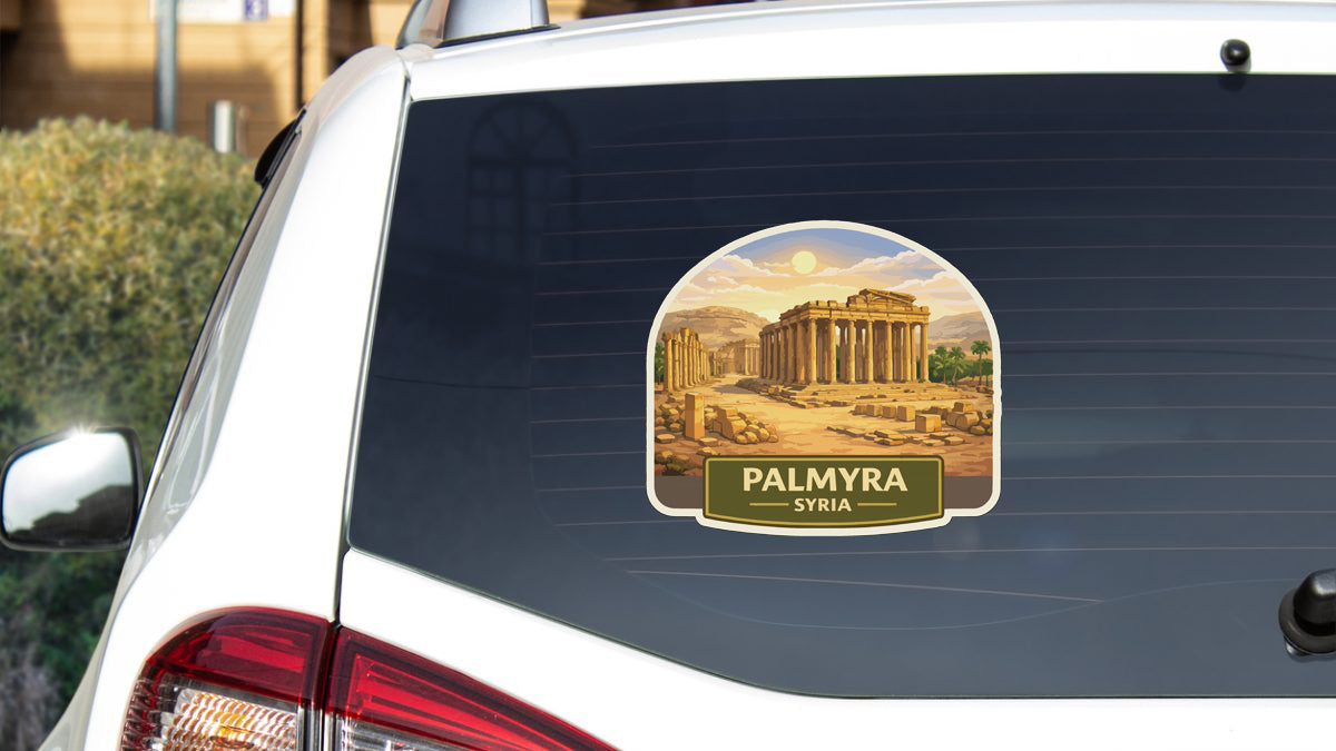 A sticker on the rear window of a car that features an illustration of the ancient Greek temple of Palmyra in Syria.