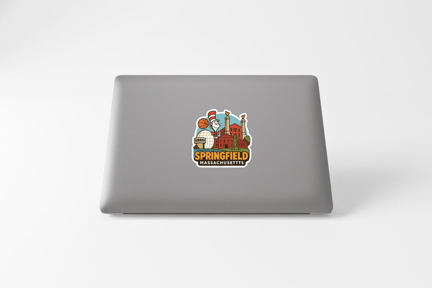 A sticker on the back of a laptop displaying the logo of Springfield, Massachusetts.