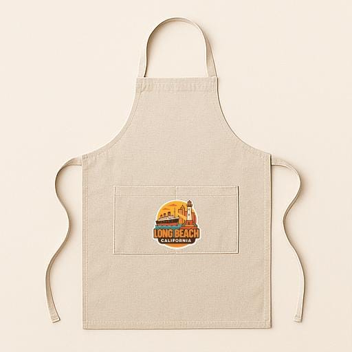 A beige apricot with a graphic of a lighthouse and the text "LONG BEACH CALIFORNIA" printed on it.