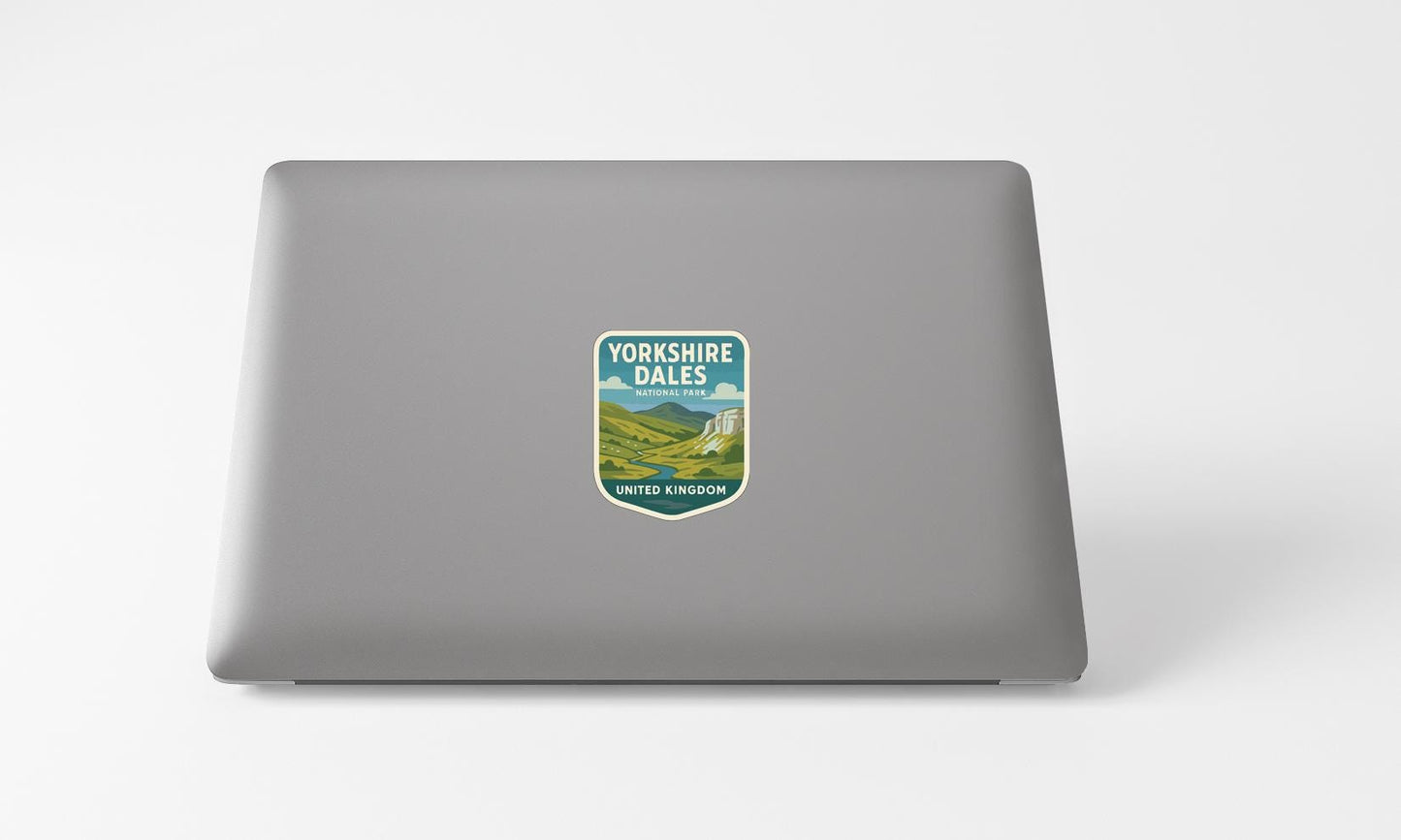 A sticker on the back of a laptop that says "Yorkshire Dales United Kingdom".