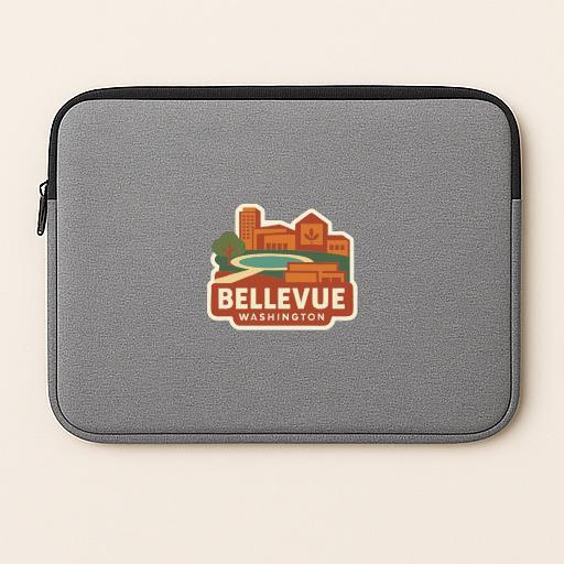 a gray laptop sleeve with a logo of Bellevue, Washington.
