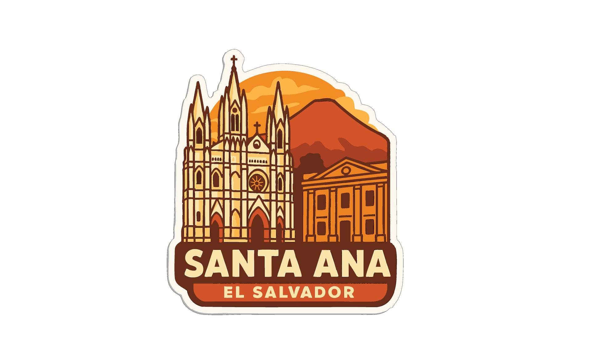 A sticker depicting the Santa Ana Cathedral and the El Salvador Cathedral, with the text "SANTA ANA EL SALVADOR" prominently displayed.