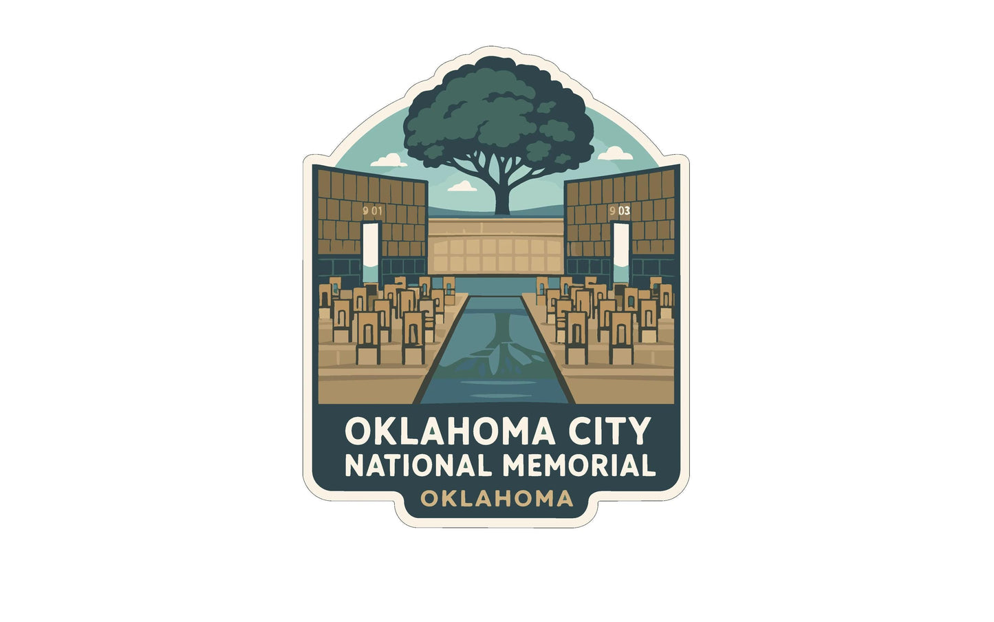 The image is a logo for the Oklahoma City National Memorial, featuring a stylized illustration of a memorial with a tree and a river.