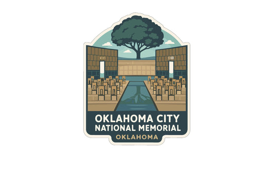 The image is a logo for the Oklahoma City National Memorial, featuring a stylized illustration of a memorial with a tree and a river.