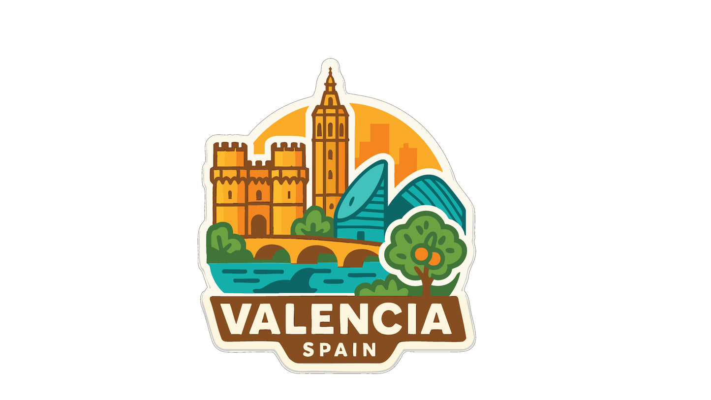 The image is a sticker or emblem featuring the city of Valencias, Spain.