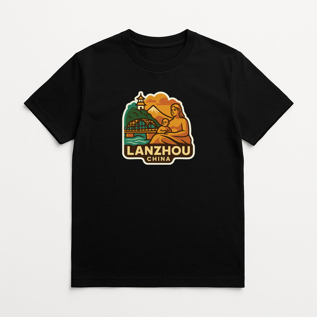 A black t-shirt with a graphic design depicting a woman holding a child, along with the text "LANZHOU CHINA" in a stylized font.