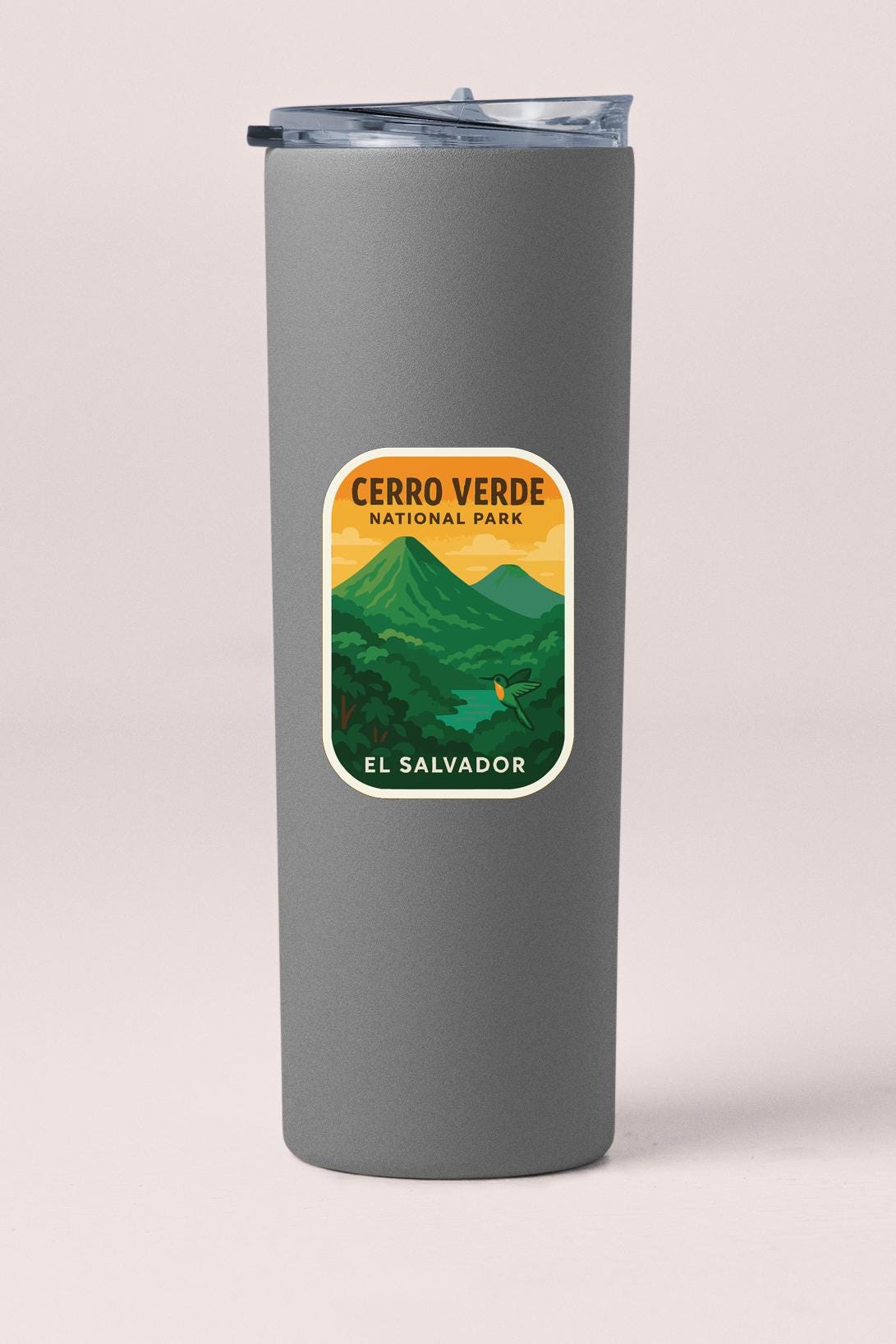 A gray insulated tumbler with a label that says "CERRO VERDE NATIONAL PARK EL SALVADOR".
