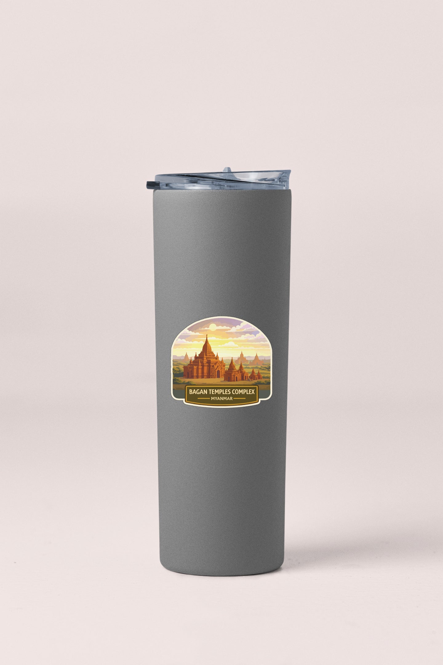 A gray tumbler with a label that says "Bagian Temple Complex" and "Bagian Temple Complex" in a stylized font.