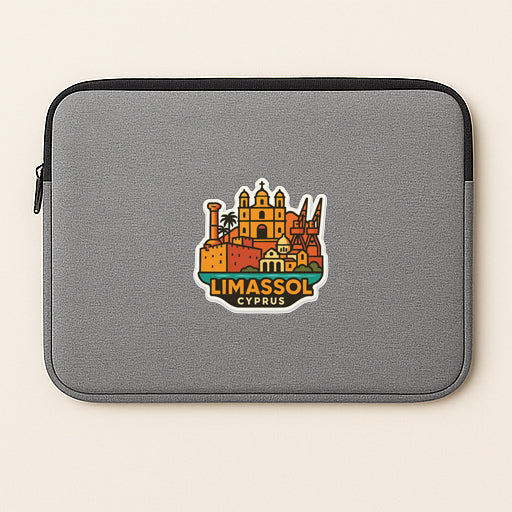 a gray laptop sleeve with a sticker of the city of Limassol, Cyprus.