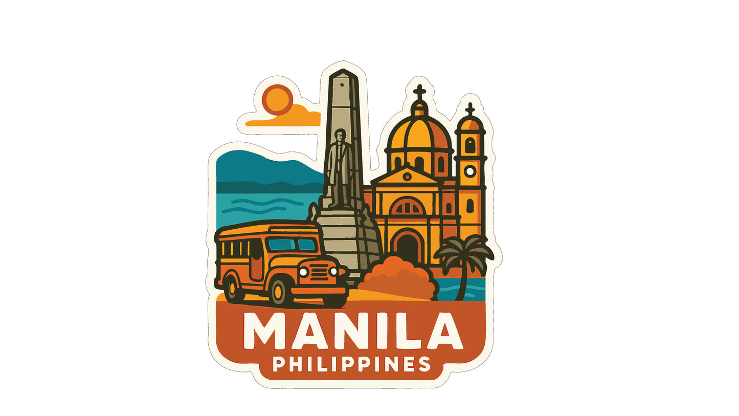 The image is a sticker depicting various landmarks and elements associated with the city of Manila, Philippines.