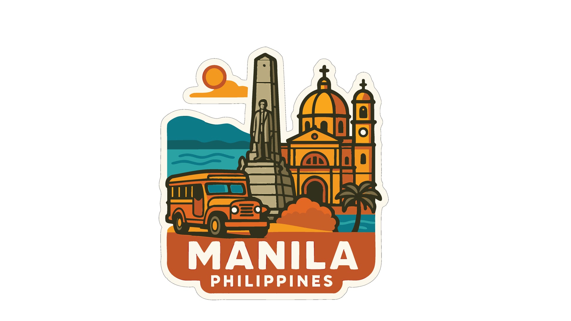 The image is a sticker depicting various landmarks and elements associated with the city of Manila, Philippines.