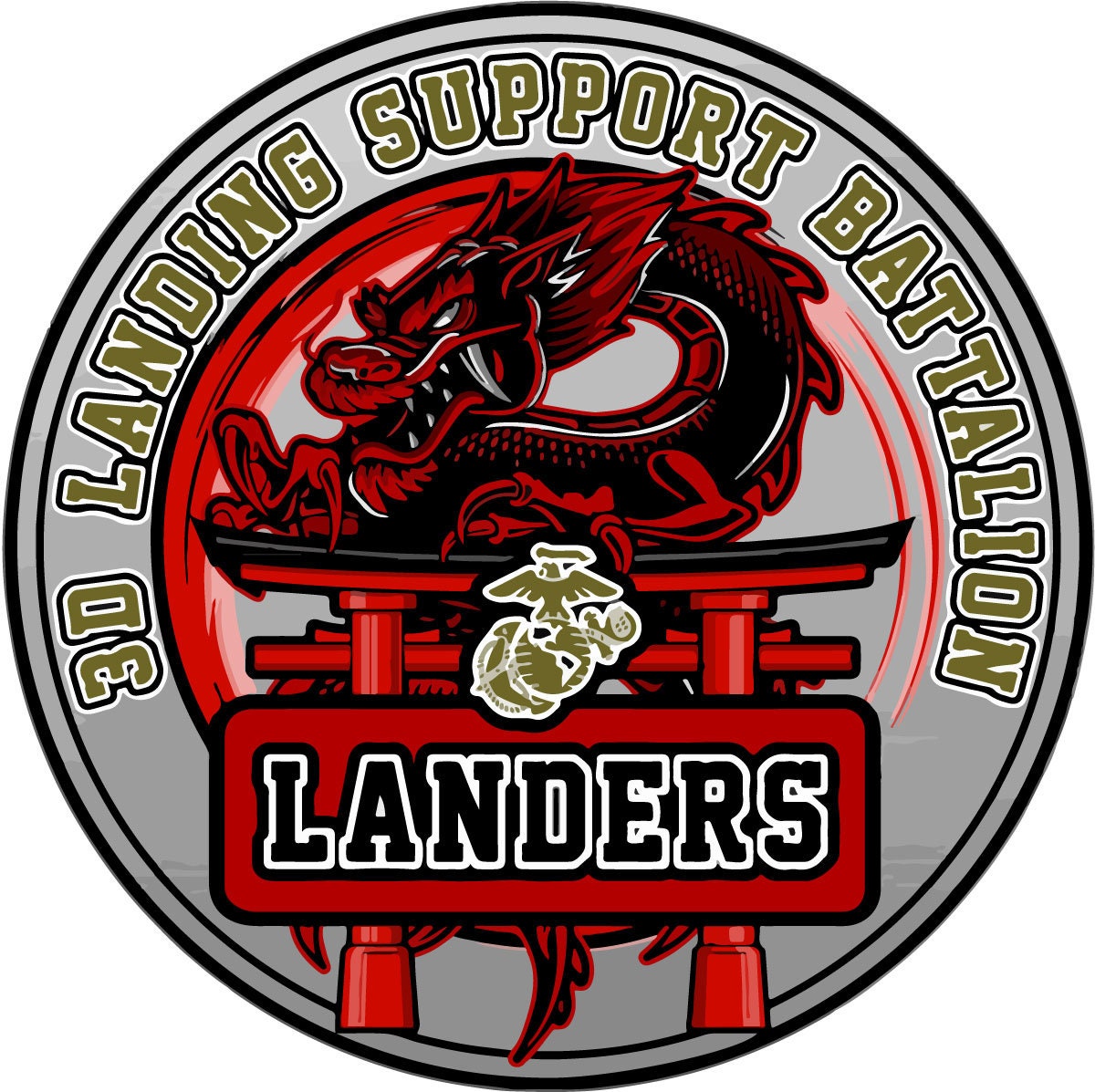 a red and gray emblem with a dragon on it