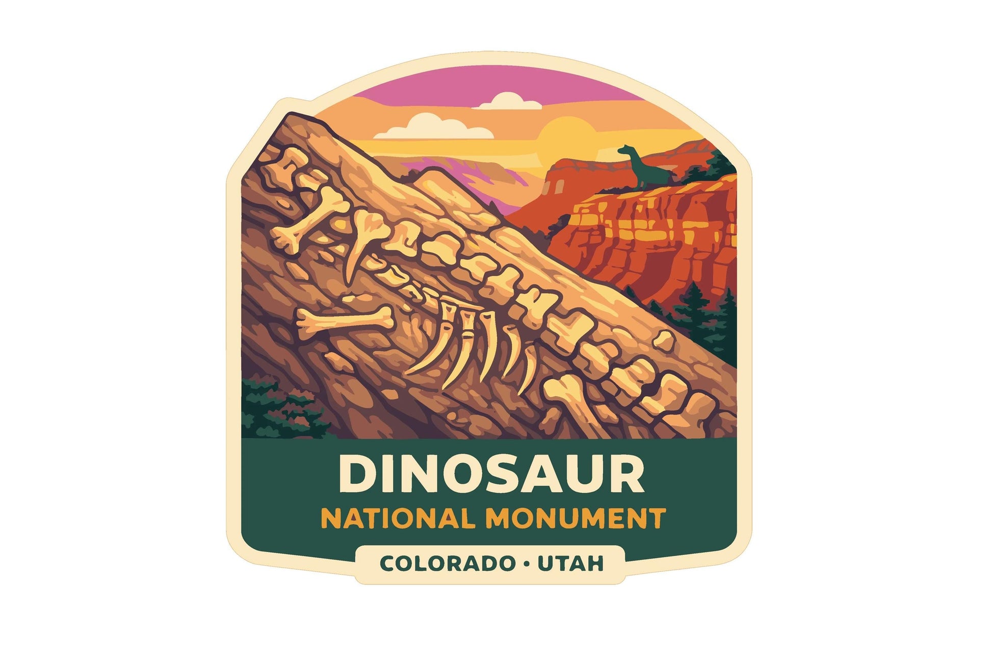 a sticker or label with a dinosaur skeleton and a mountain landscape, representing the Dinosaur National Monument in Colorado, Utah.
