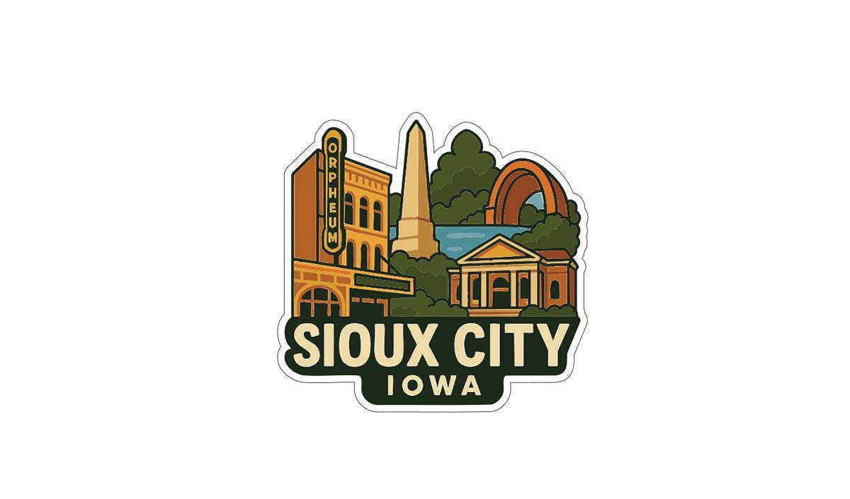 The image is a sticker or emblem featuring various landmarks and buildings in the city of Sioux City, Iowa.