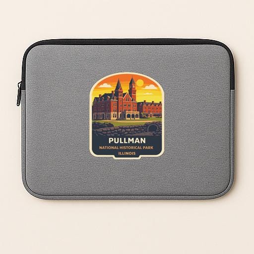 A gray laptop sleeve with a graphic design depicting a castle or palace-like structure at sunset, with the text "PULLMAN NATIONAL HISTORICAL PARK ILLINOIS".