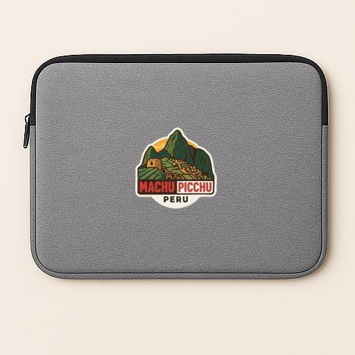 A gray laptop sleeve with a sticker depicting Machu Picchu, the ancient Inca citadel, and the text "MACHU PICCHU PERU".