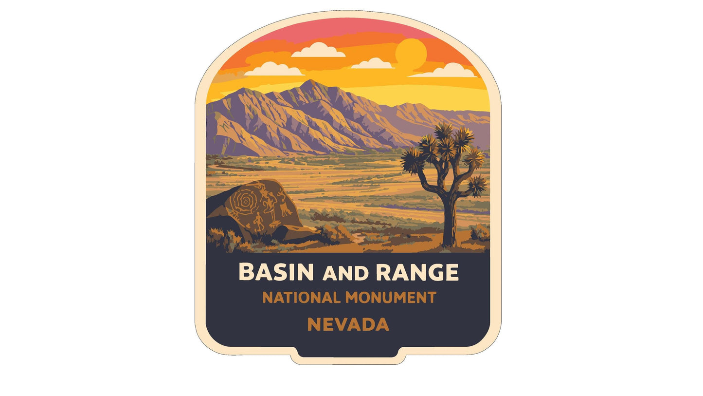 a sticker or label with a desert landscape and mountains in the background, depicting a national monument in Nevada.
