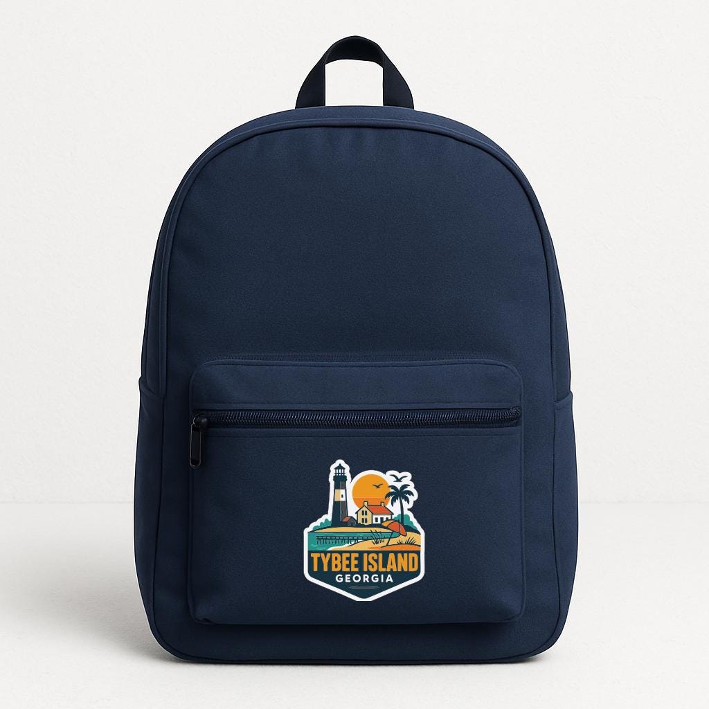 A navy blue backpack with a graphic of Tybee Island, Georgia, printed on it.