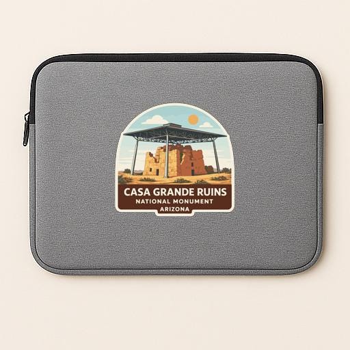 a gray laptop sleeve with a sticker that displays the name of a national monument, Casa Grande Ruins, and its location, Arizona.