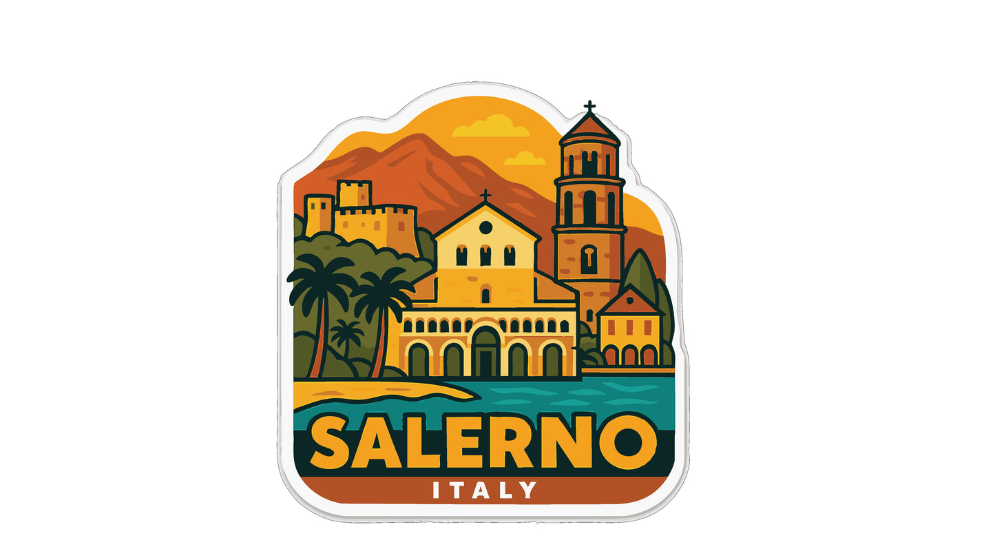 A sticker depicting the city of Salerno, Italy, with a colorful illustration of the cityscape, buildings, and a church.