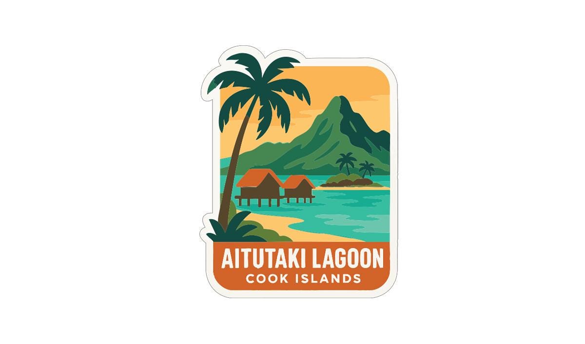 a tropical island with palm trees, a mountain, and a lagoon with two small buildings. The text "AITUTAKI LAGOON COOK ISLANDS" is displayed below the illustration.