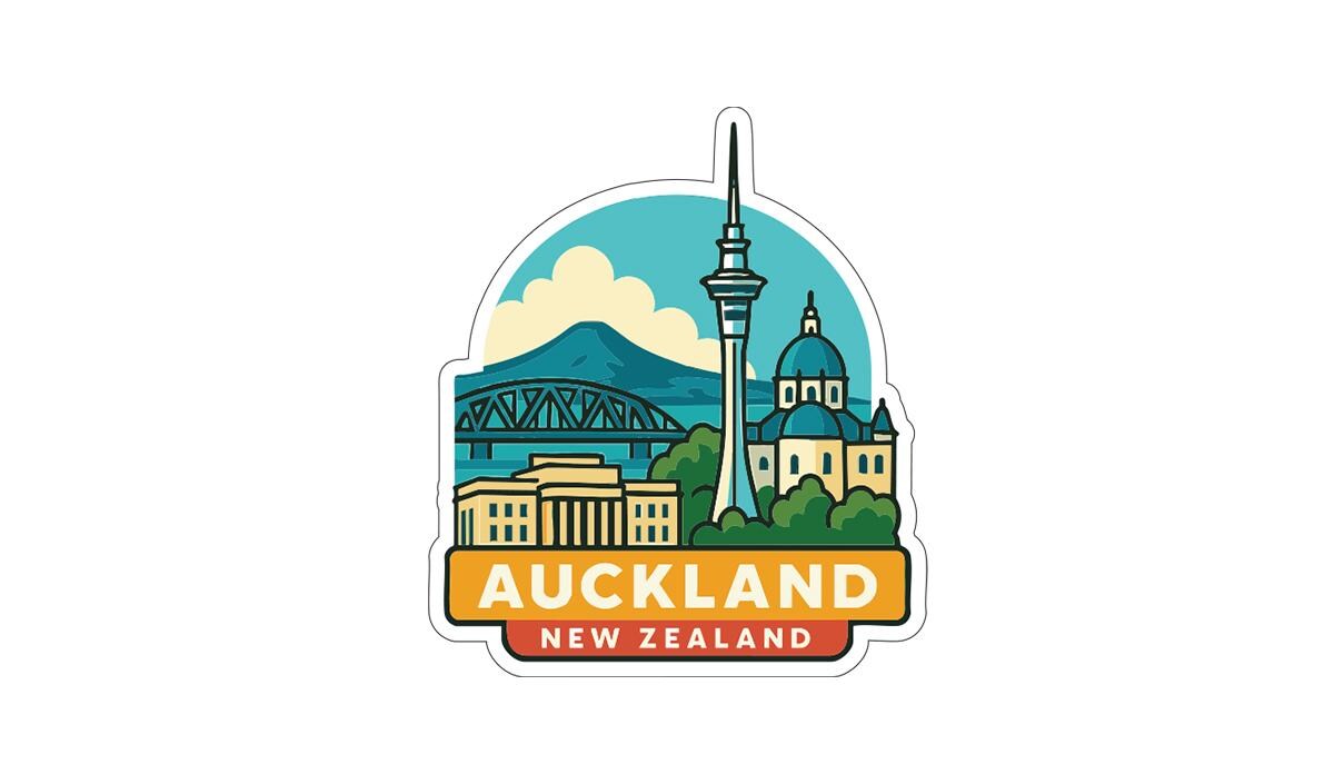 a sticker or emblem depicting the city of Auckland, New Zealand.