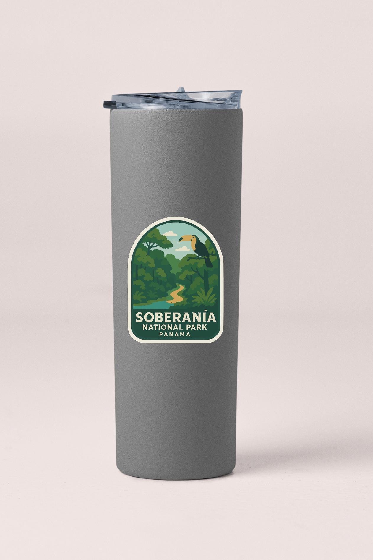 A gray insulated tumbler with a label that says "Soberania National Park, Panama".
