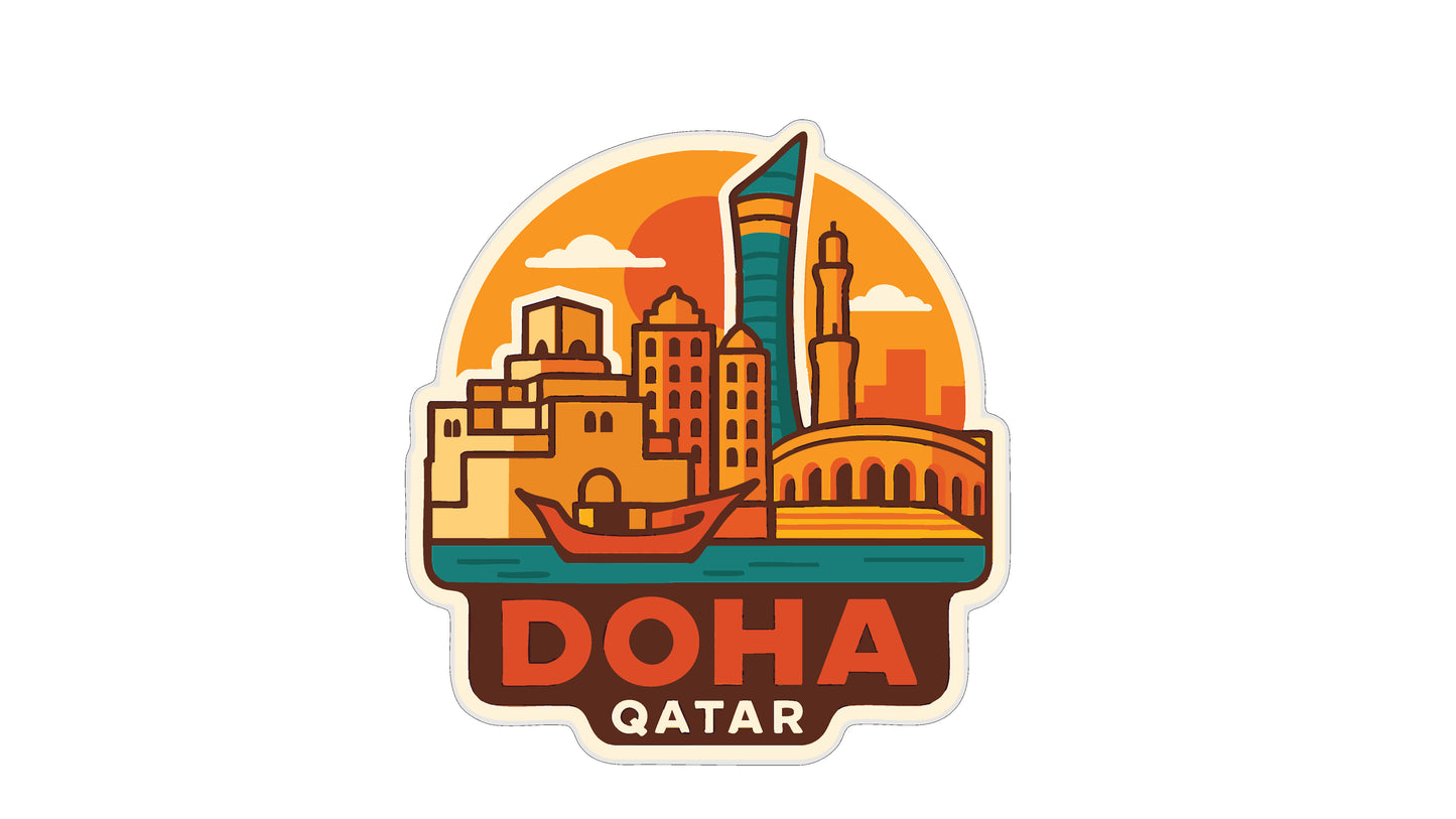 a stylized illustration of the cityscape of Doha, Qatar, with various landmarks and architectural elements depicted in a vibrant, colorful style.