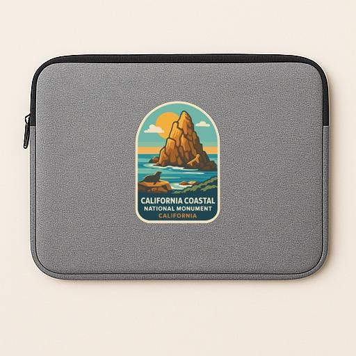 a gray laptop sleeve with a California Coastal National Monument logo printed on it.