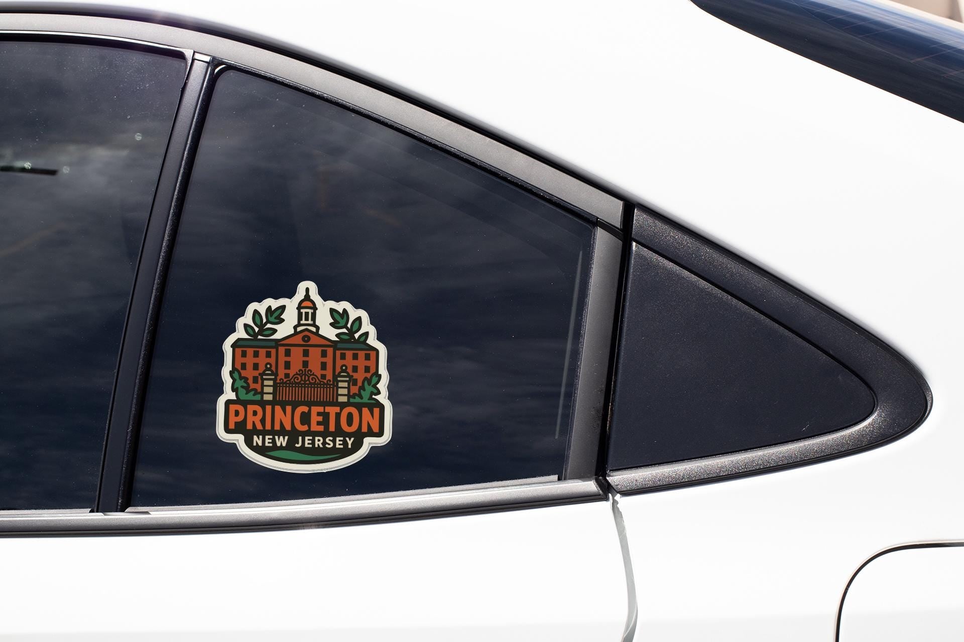 A close-up of a car window with a Princeton New Jersey sticker on it.