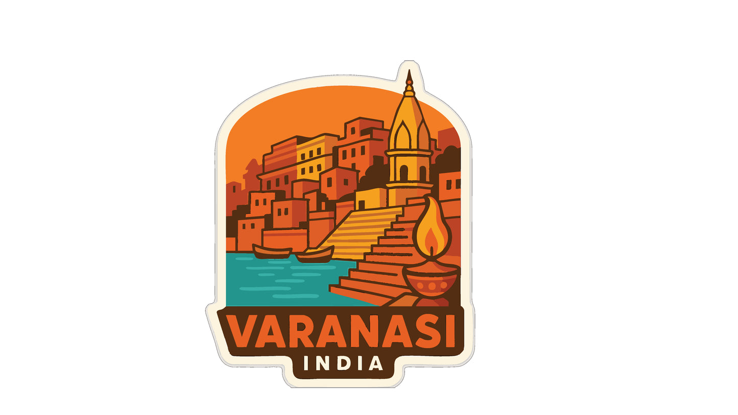 The image is a sticker or label for the city of Varanasi, India. It features a stylized illustration of a temple or religious structure surrounded by buildings and a body of water, with a warm orange and yellow color scheme.