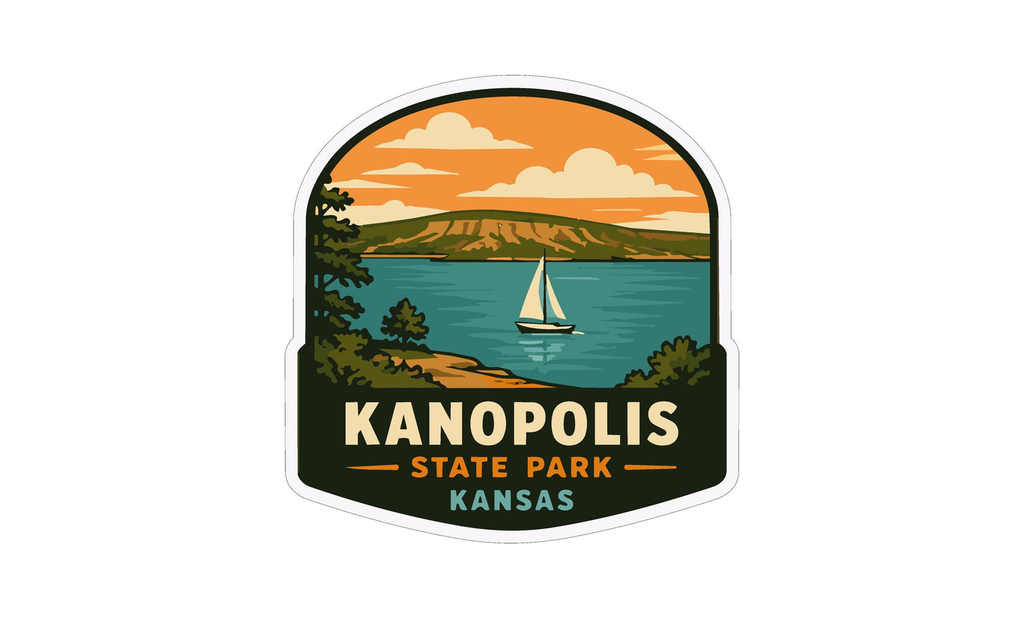 A sticker or emblem featuring a sailboat on a lake with mountains in the background, along with the text "KANOPOLIS STATE PARK KANSAS" prominently displayed.