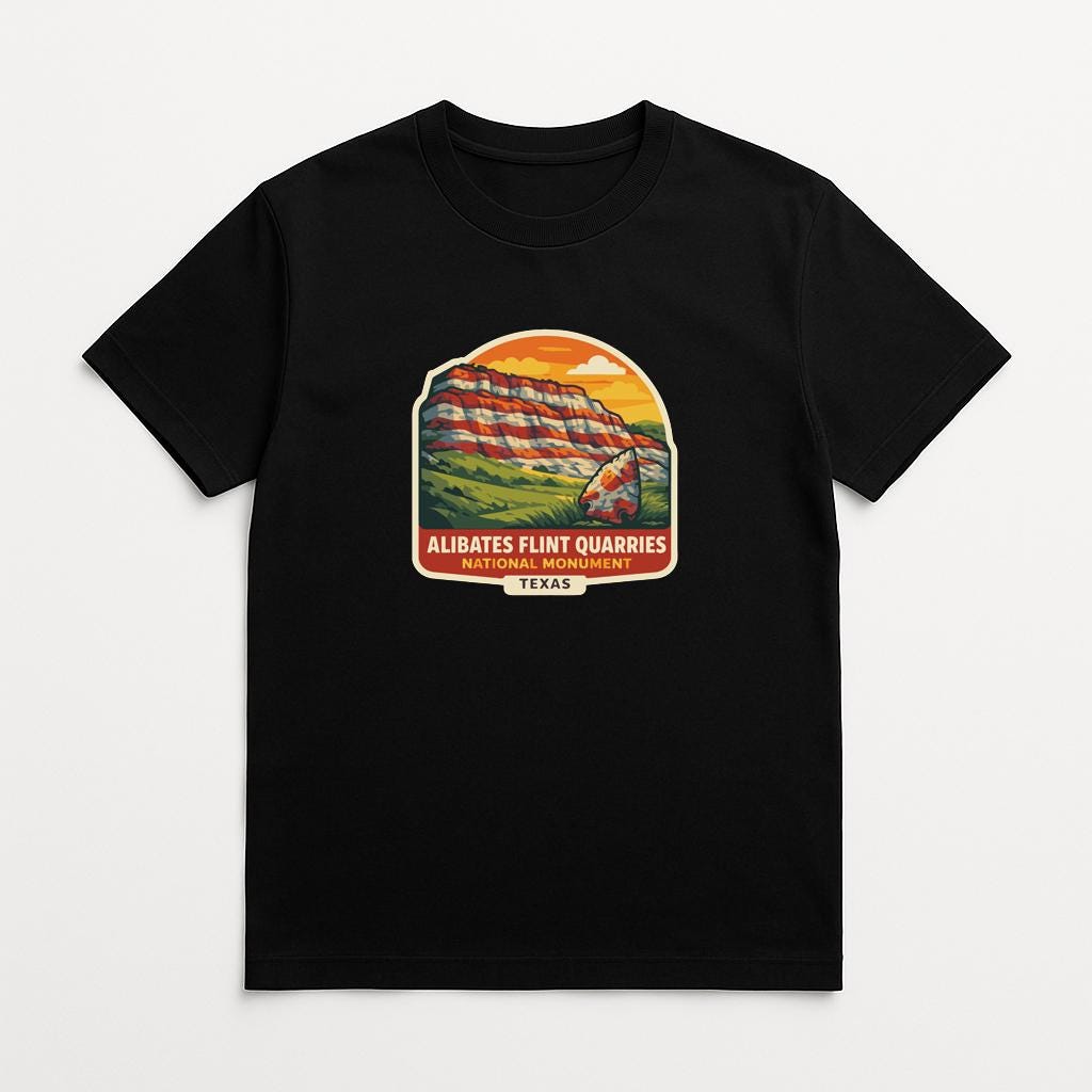 A black t-shirt with a graphic design depicting a scenic landscape with mountains and a desert. The text below the design reads "ALIBATES FLINT QUARRIES NATIONAL PARK TEXAS".