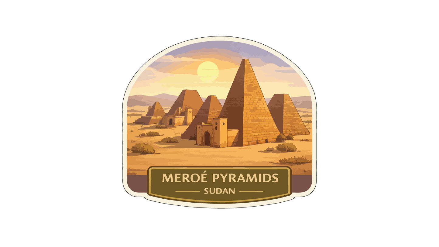 the Meroe Pyramids in Sudan, with a desert landscape and a sunset sky in the background.