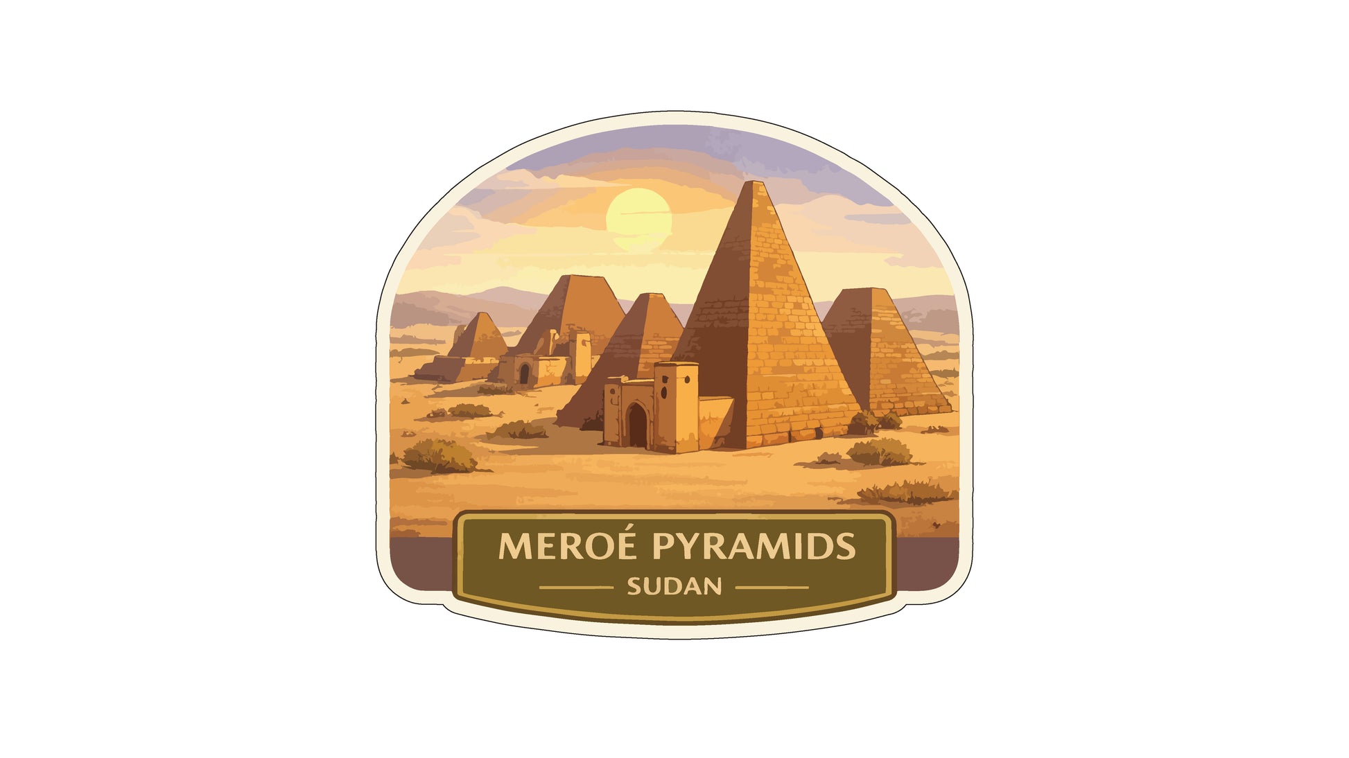 the Meroe Pyramids in Sudan, with a desert landscape and a sunset sky in the background.