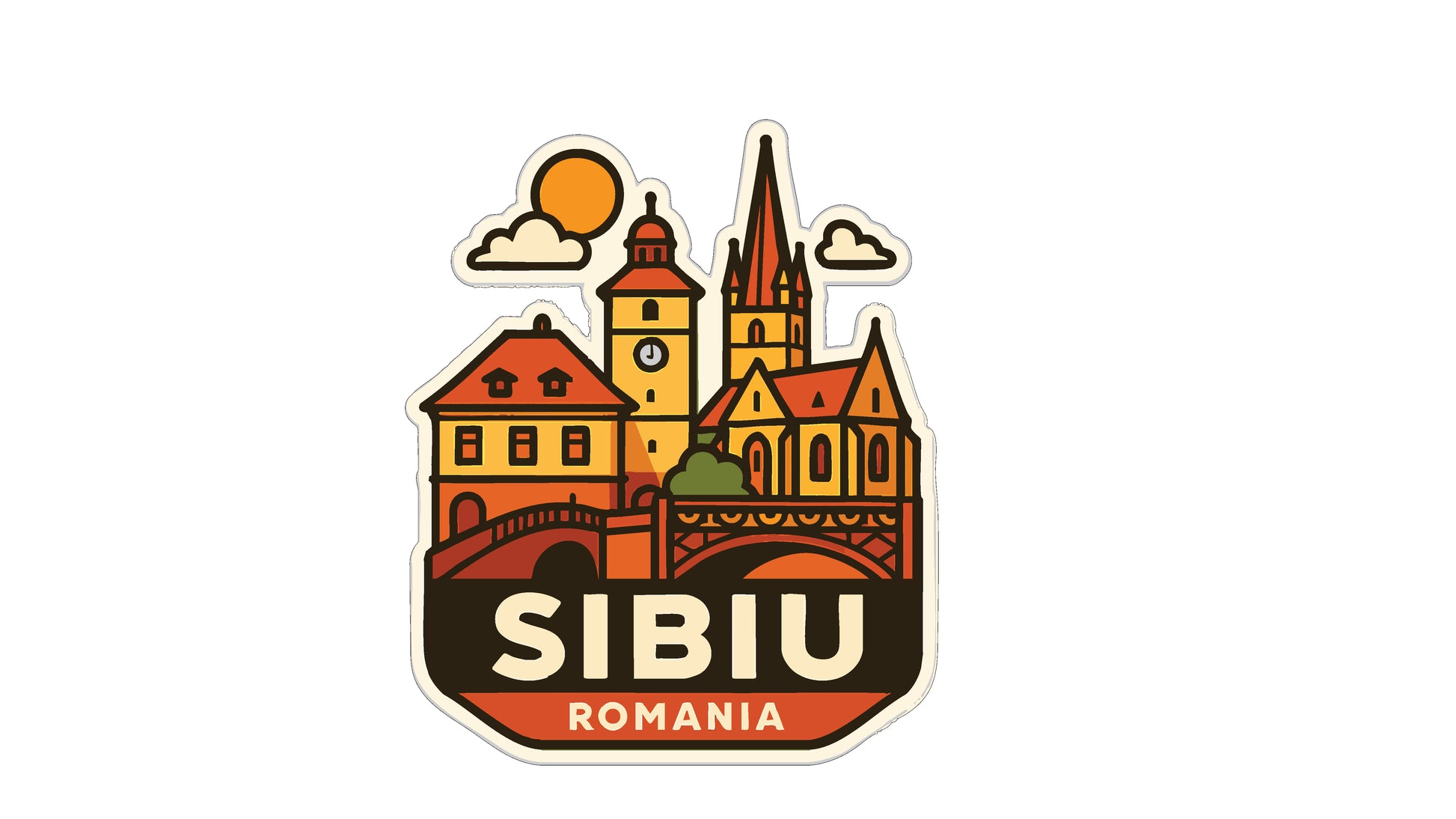 a sticker or emblem with a stylized illustration of a city skyline, including a church, buildings, and a bridge. The text "SIBU ROMANIA" is prominently displayed in the center of the image.