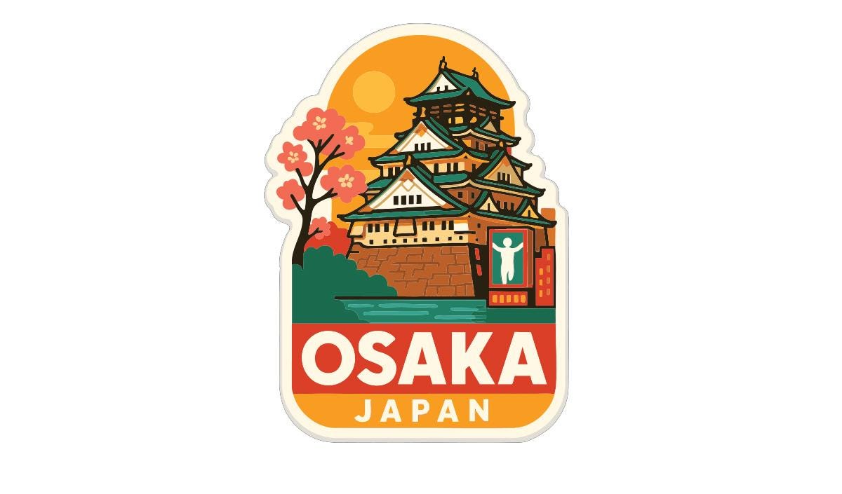 a sticker or emblem with a stylized illustration of a traditional Japanese castle or pagoda, surrounded by a tree with pink flowers, and the text "OSAKA JAPAN" prominently displayed.