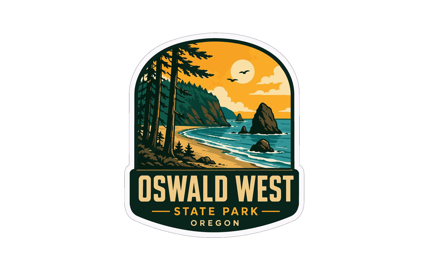 a sticker or logo for Oswald West State Park in Oregon. The design includes a beach scene with a rocky shoreline, pine trees, and a sunset over the ocean.